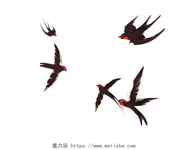 彩色手绘卡通小清新春天春节燕子飞鸟元素PNG素材